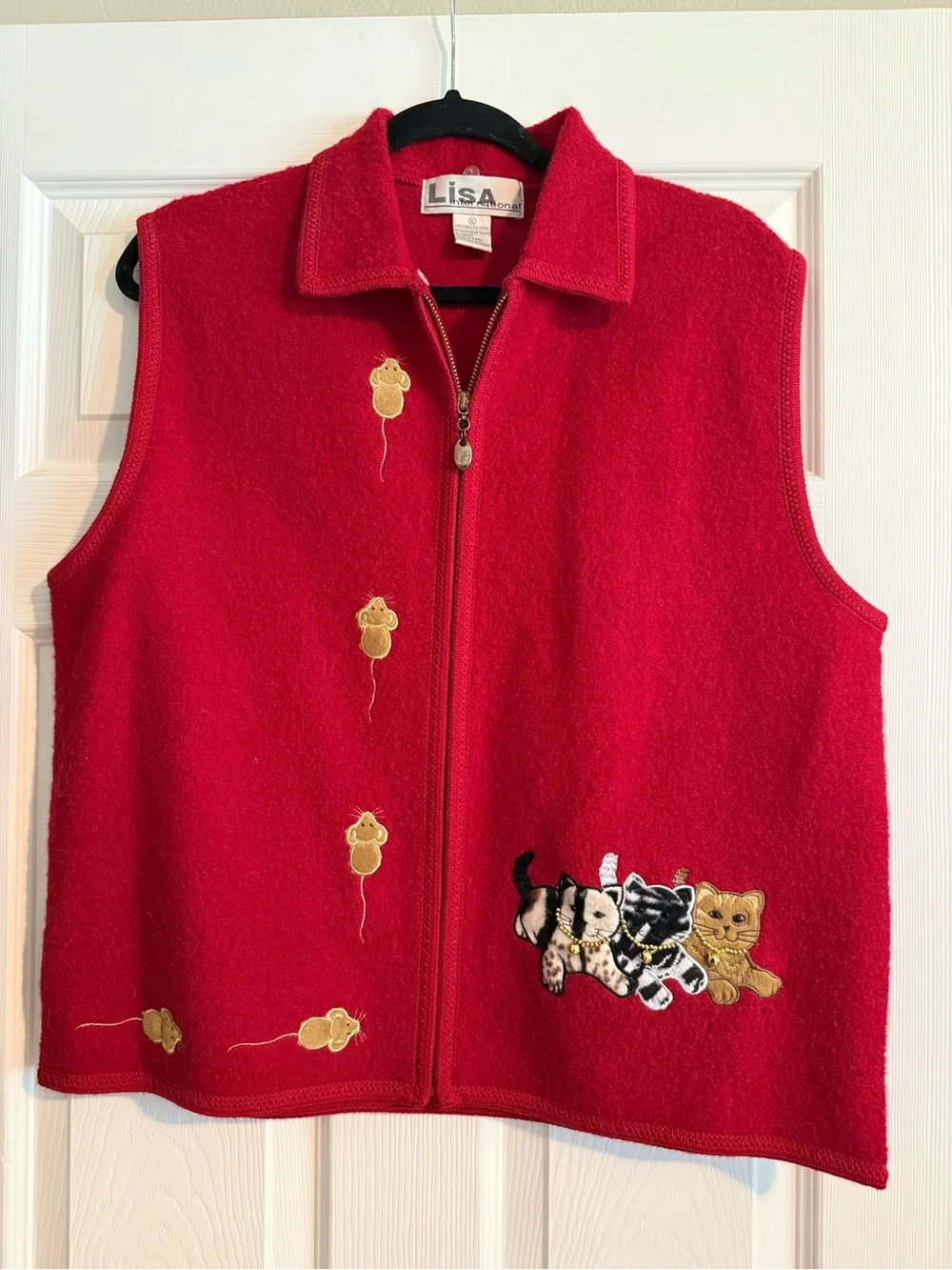 Lisa international Red Embroidered Cat Zip-Front Pet Vest